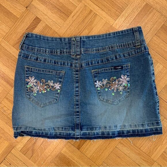 Angels Jeans Y2K Floral Sequin Distressed Denim Mini Micro Skirt Blue Size 7 - Picture 1 of 10